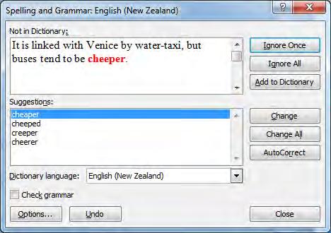 Spelling and Grammar Spell check is a useful facility which highlights incorrectly spelt words and suggests the correct spelling.