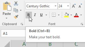 Click the Bold (B), Italic (I), or Underline (U) command on the Home tab. In our example, we'll make the selected cells bold.