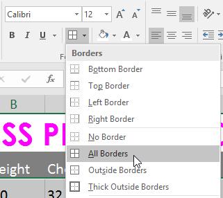 On the Home tab, click the drop-down arrow next to the Borders command, then select the border style you want to use.