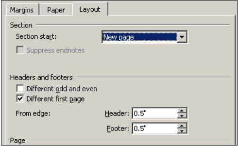 On the floating Header and Footer toolbar, click the Page Setup button. This will open the page setup dialog box. On the dialog box, check Different first page. Click OK.