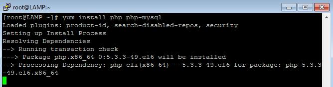 5 INSTALLING PHP 1. To install PHP you need to run the following command and press [Enter]: yum install php php-mysql 2. When prompted, type Y and press [Enter] to install PHP: 3.