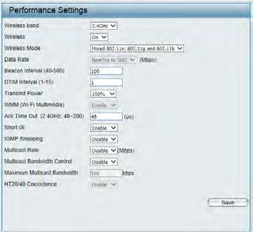 Performance (2.4GHz) On the Performance Settings page the users can configure more advanced settings concerning the wireless signal and hosting.