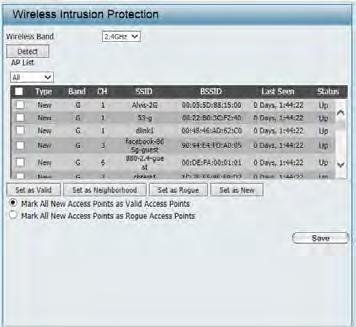 Intrusion The Wireless Intrusion Protection window is used to set APs as All, Valid, Neighborhood, Rogue, and New. Click the Save button to let your changes take effect.