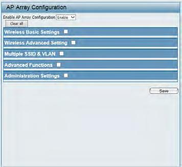 Configuration Settings In the AP array configuration settings windows, users can specify which settings all the APs in the group will inherit from the master AP.
