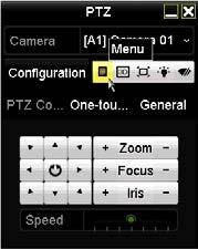 Reattach the ALI-AJ6 front plate (with the camera) to the box. 3. In the PTZ Control panel pop-up window, click the Menu icon on the Configuration line. Camera adjustments 1.