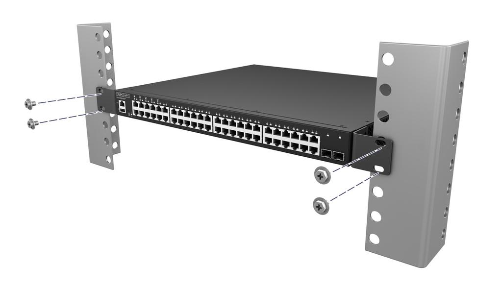 One person should lift the switch into the rack so that it is aligned with the marked holes. 4.