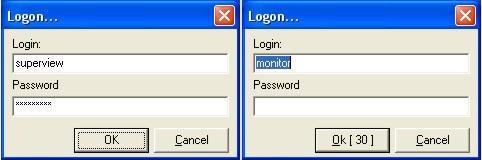 MONITOR, will start in the supervision mode. The user s identification window is displayed below. The right window is displayed if a MONITOR user was defined in the application set up.