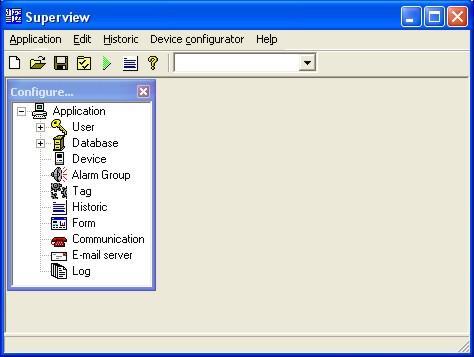 CREATE A NEW APPLICATION To create a new application in, select the option APPLICATION/NEW. The CONFIGURE window will display, as the figure shows.