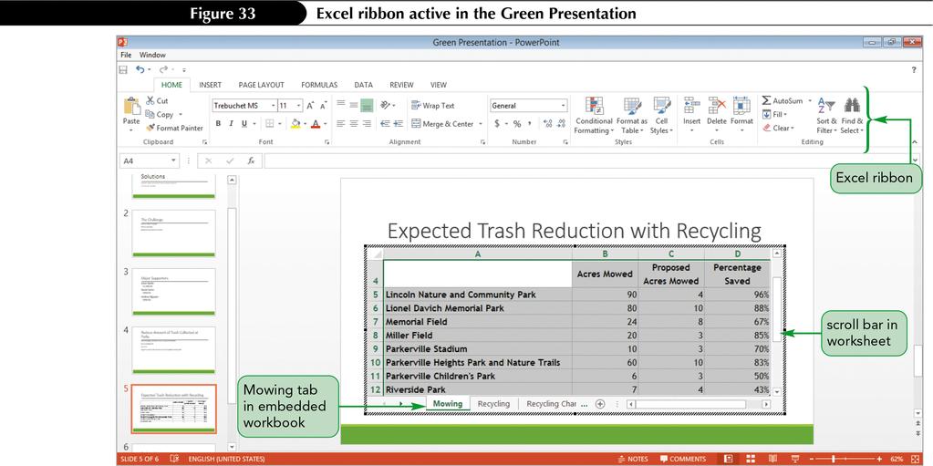 Modifying the Embedded Excel Worksheet The Excel ribbon displays in