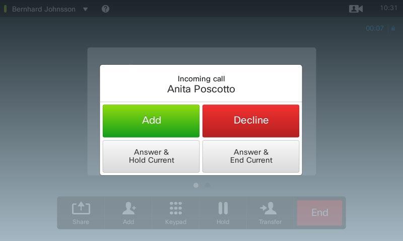 14 Receive Call Receive Call While in Another Call About the Options Add: If your system is equipped with the MultiSite option you may merge the incoming call with the existing.