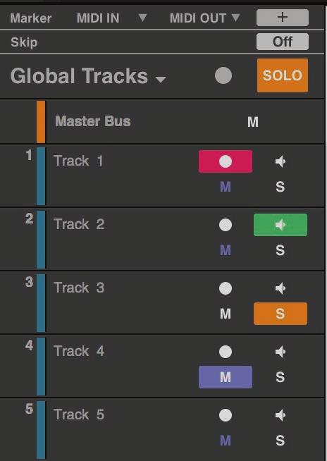 Track Controls Solo, Mute, Record Enable, and Input Monitoring can be selected on any track. Record Enable Input Monitoring Solo Mute To set the status of all tracks, use the Global Tracks commands.
