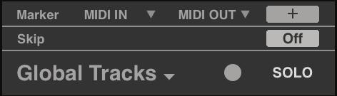 Indicator/Button Global Solo clears the solos on all tracks. In Multi Out mode, the Global Mute button selects/deselects mutes on all tracks.