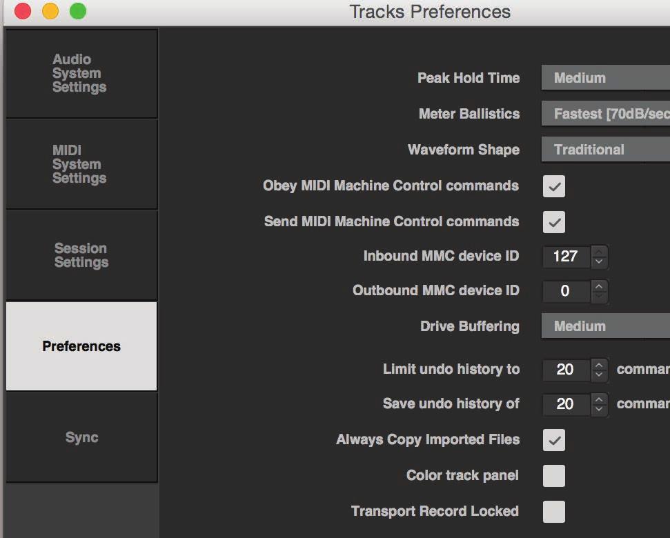 Tracks Preferences: Preferences Most of the Preferences tab is quite obvious, but a few items may need explanation. Meter Ballistics Sets the speed of the meter bar release.