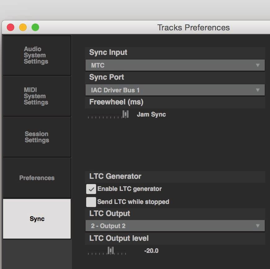 Tracks Preferences: Sync Sets the timecode format and port used for synchronizing with external devices. Tracks Live can lock to longitudinal timecode (LTC) or to MIDI timecode (MTC). LTC 1.