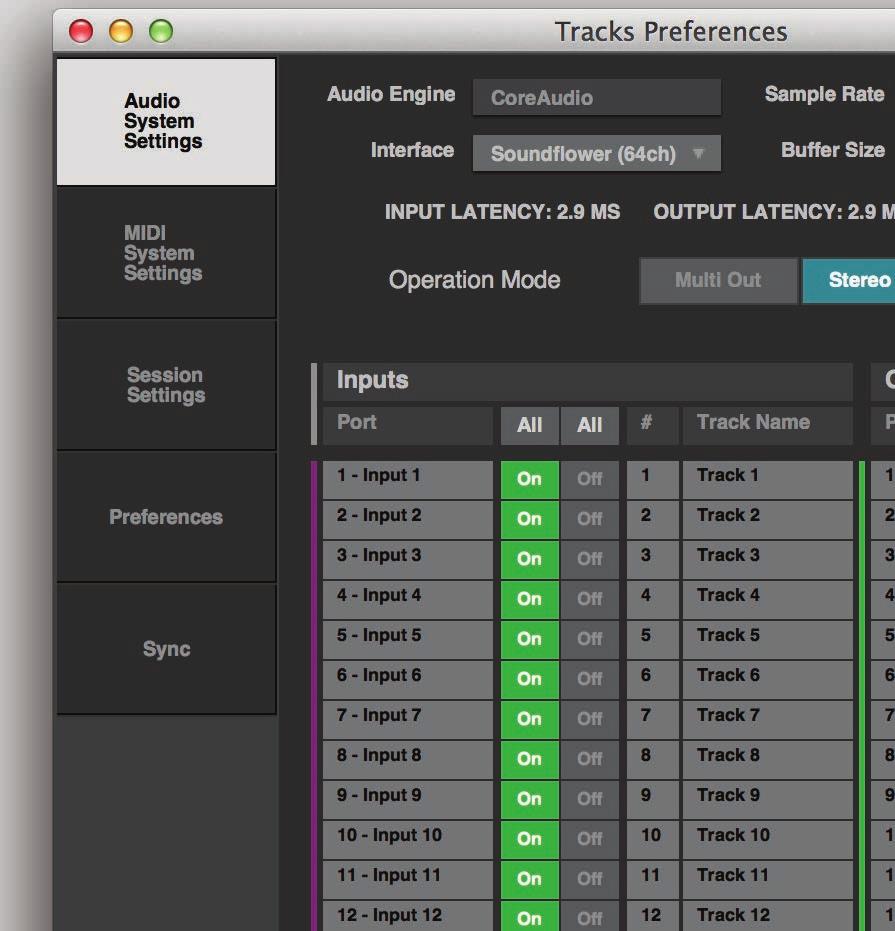 Audio System Settings Page To Set Track Preferences 1 Select I/O interface.