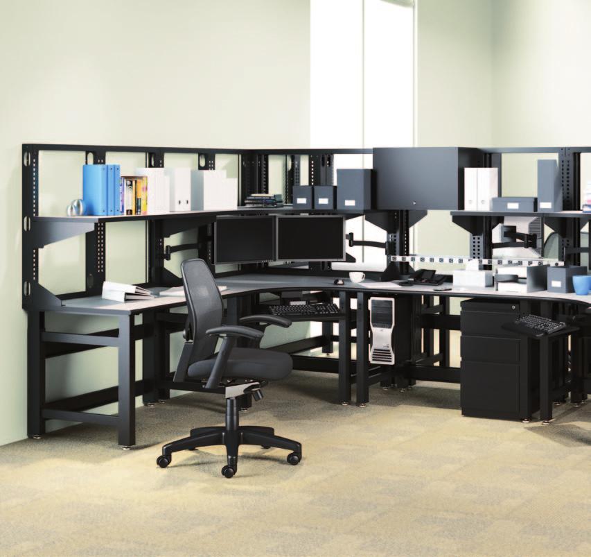 Techworks TechWorks system with Nebula Gray HPL laminate and Textured Black paint. Upgraded furniture for upgraded technology.