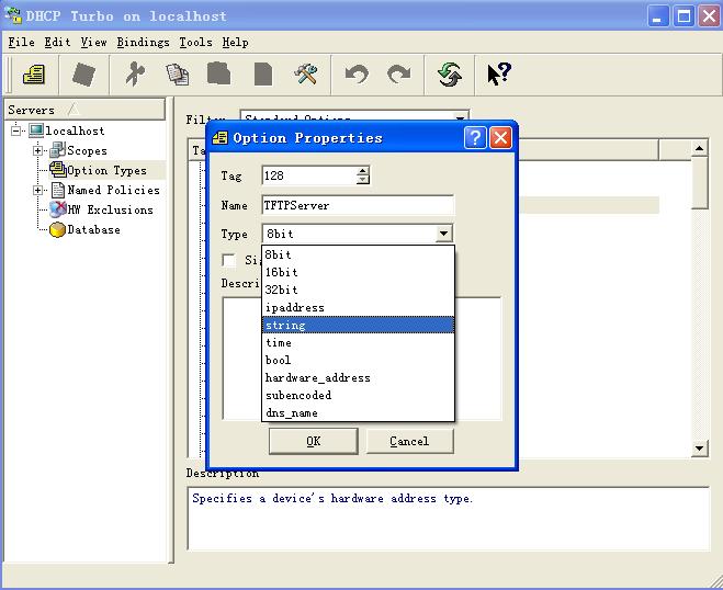 7. Set the custom DHCP option (custom DHCP option tag number ranges from 128 to 254) and select the option type