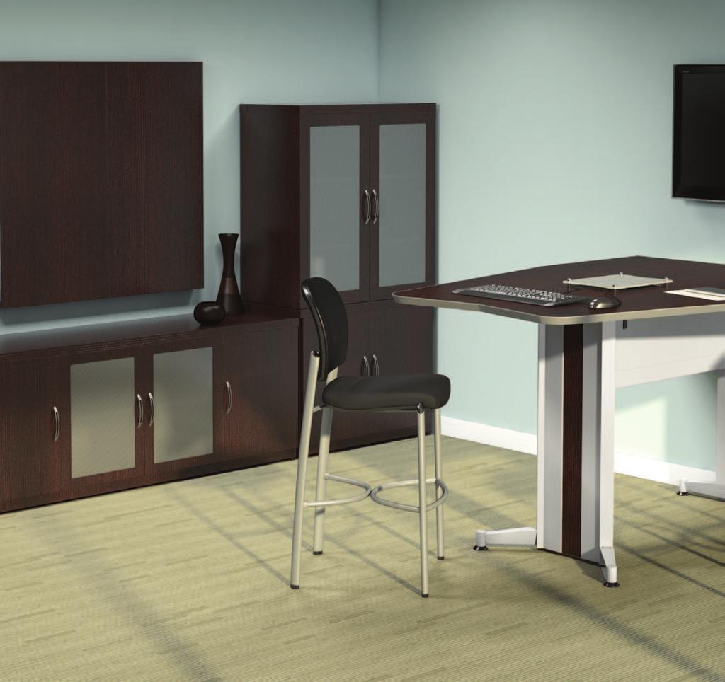 Conference Media Table in Mocha laminate and Tech Silver finish. Bistro Series Stools in Black fabric. Background: Aberdeen casegoods in Mocha laminate. Take a seat at the power table.