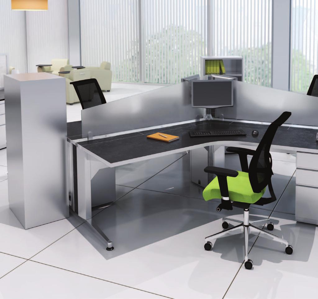 personal workstations 120-Degree 3-Pod Workstation in Luna Night laminate with Pedestals and Bookcase Towers in Tech Silver finish. Commute Chairs in Expo Sprout fabric. Three degrees of separation.