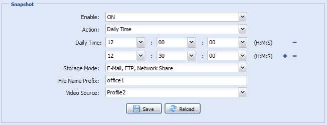 3.7.2 Snapshot Enable this function to schedule the camera to take snapshots periodically or at a specific time, and send the snapshots to E-Mail, FTP, and / or Network Share for backup.