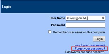 In the User Name field, enter your OU email address. 3. Click on the Forgot your password? hyperlink. 4. Choose the Send me an email with a link to reset my password. 5. Click Submit. 6.