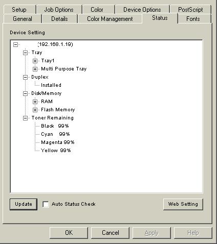 Using 1. Click Start Settings Printers. Right-click the OKI Printer icon. Click Properties. 2. Click on the STATUS tab. 3.