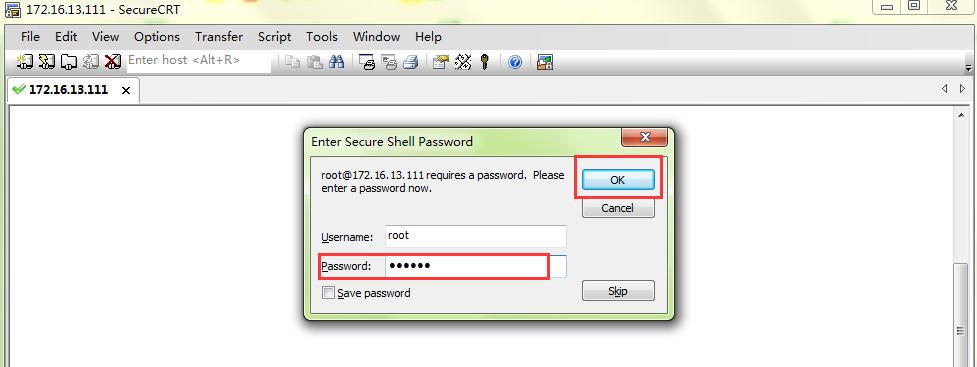 Enter the server password 123456, and click