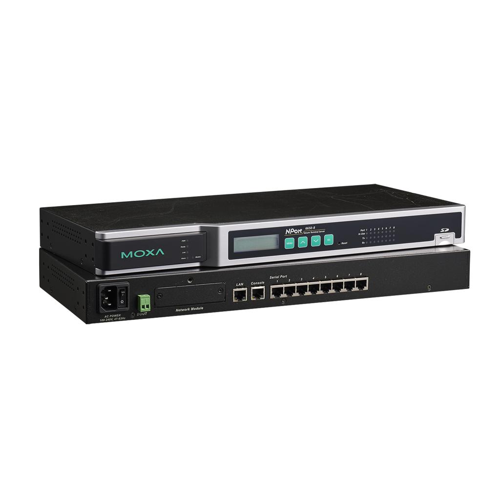 NPort 6400/6600 Series 4/8/16/32-port RS-232/422/485 secure terminal servers Features and Benefits LCD panel for easy IP address configuration (standard temp.