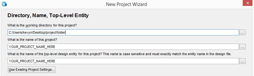 2) Using the browse button in the top field, select the working directory you wish to use for the project. 3) Type in your project name as the Project Name. Click NEXT.