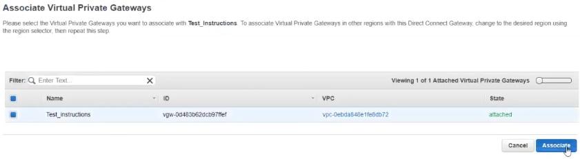 Select the Virtual Private Gateway and click Associate. 7.