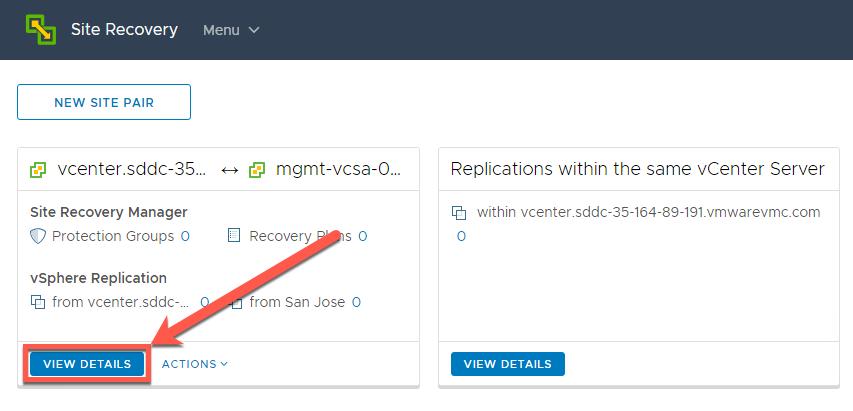 Once the pairing operation is complete the Site Recovery window now shows the site pair of Site Recovery Manager and vsphere Replication. Click View Details to start mapping resources.