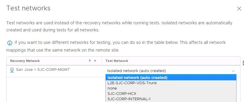 To support non-disruptive testing of recovery plans VMware Site Recovery supports connecting virtual machines to a test network when a recovery plan test is run.