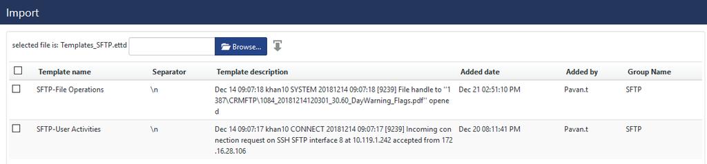 4. Knowledge objects are now imported successfully. Templates Figure 8 1. Click parsing rules option, create group and click Import. 2. Locate the file name KO_SFTP.ettd.