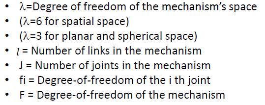 The degree of freedom of a mechanism (mobility) is the number of independent parameters required to define the position of every link in that mechanism Degree of freedom of a mechanism depends on: