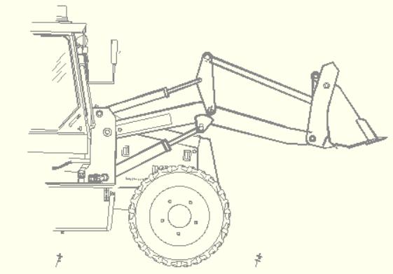 A simplified engineering drawing of the front loader