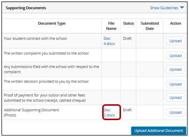 Performing Common Tasks Viewing an Uploaded Document 1. Click the Supporting Documents link. The Supporting Documents page appears. 2. Click the blue file name link. The File Download window appears.