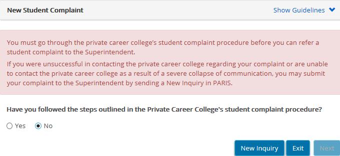Student Complaints Submitting a Student Complaint Step 1: Start the Complaint 1. Click. The menu expands. 2. Click the New Student Complaint link. The New Student Complaint page appears. 3.