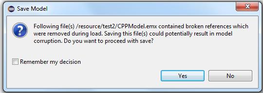 To prevent saving models with removed broken references, warning message dialog appears now for each model file during save.