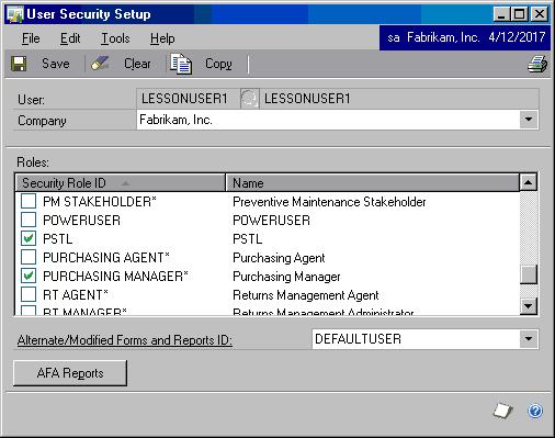 3. Select the appropriate Company from the Company drop-down list. 4. Mark the check box for the Security Role ID created for the Professional Services Tools Library objects.
