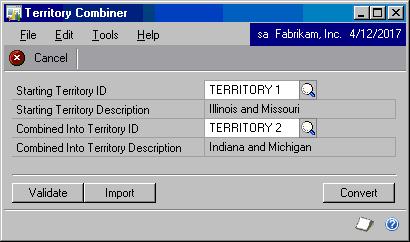 CHAPTER 4 USING SALES TOOLS Using Territory Combiner Use the Territory Combiner to combine an existing Territory ID with another existing Territory ID without any loss of work, open, or historical