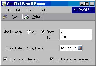 CHAPTER 7 USING PAYROLL TOOLS To print the Certified Payroll Report: Once transactions have been posted with information about the Job Number, users can access the Certified Payroll Report from