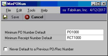 CHAPTER 8 USING MISCELLANEOUS TOOLS Using Minimum PO/Receipt Number This tool adds the ability to prevent Purchase Order Processing from defaulting to the next PO Number or Receipt Number.