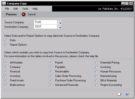 CHAPTER 8 USING MISCELLANEOUS TOOLS Using Company Copy This tool allows the setup and report option information from one company to be copied to another company within Microsoft Dynamics GP.