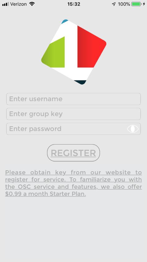 Register with Group Key When you click the OSC app to open, registration screen appears Enter username ----- (This will be your Extension Name in the OSC Group) Enter group key ----- (Refer