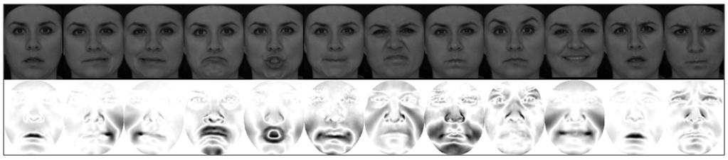 Figure 4. Dissimilarity maps computed for globally registered faces using the point set features. Each image is constructed by subtracting the image from that subject s neutral gallery image.