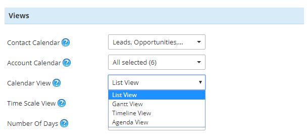 Account Calendar: You can select modules related to account that you want to include in calendar. Modules related to account are Lead, Opportunity, Case, Quote, Sales Order, Invoice.