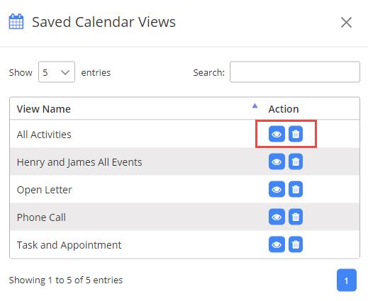 Click on Save button to save the calendar view. Users can access saved calendar views by clicking on View Saved Calendars button on the calendar page.