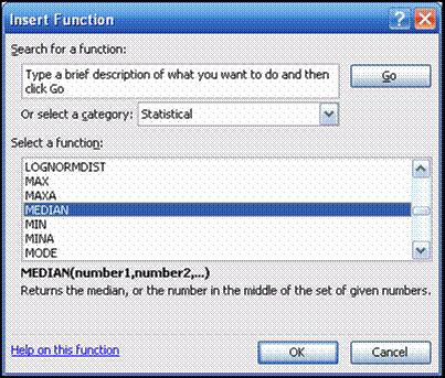 FIGURE 1-6 Insert Function dialog box Step 7 Click OK to insert the MEDIAN