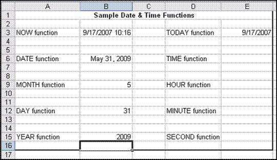 FIGURE 1-15 Date & Time worksheet TIME Function You can key a specific time in a cell using colons to separate the hour, minutes, seconds and AM or PM designation for example, 11:30:45 PM to insert