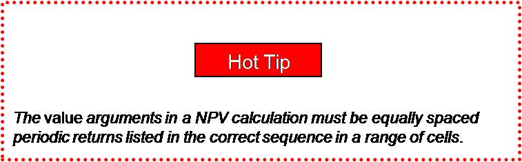 The syntax for the NPV function is: NPV(rate,value1,value2, ) The rate argument is the rate for one time period, for example, an annual discount rate.